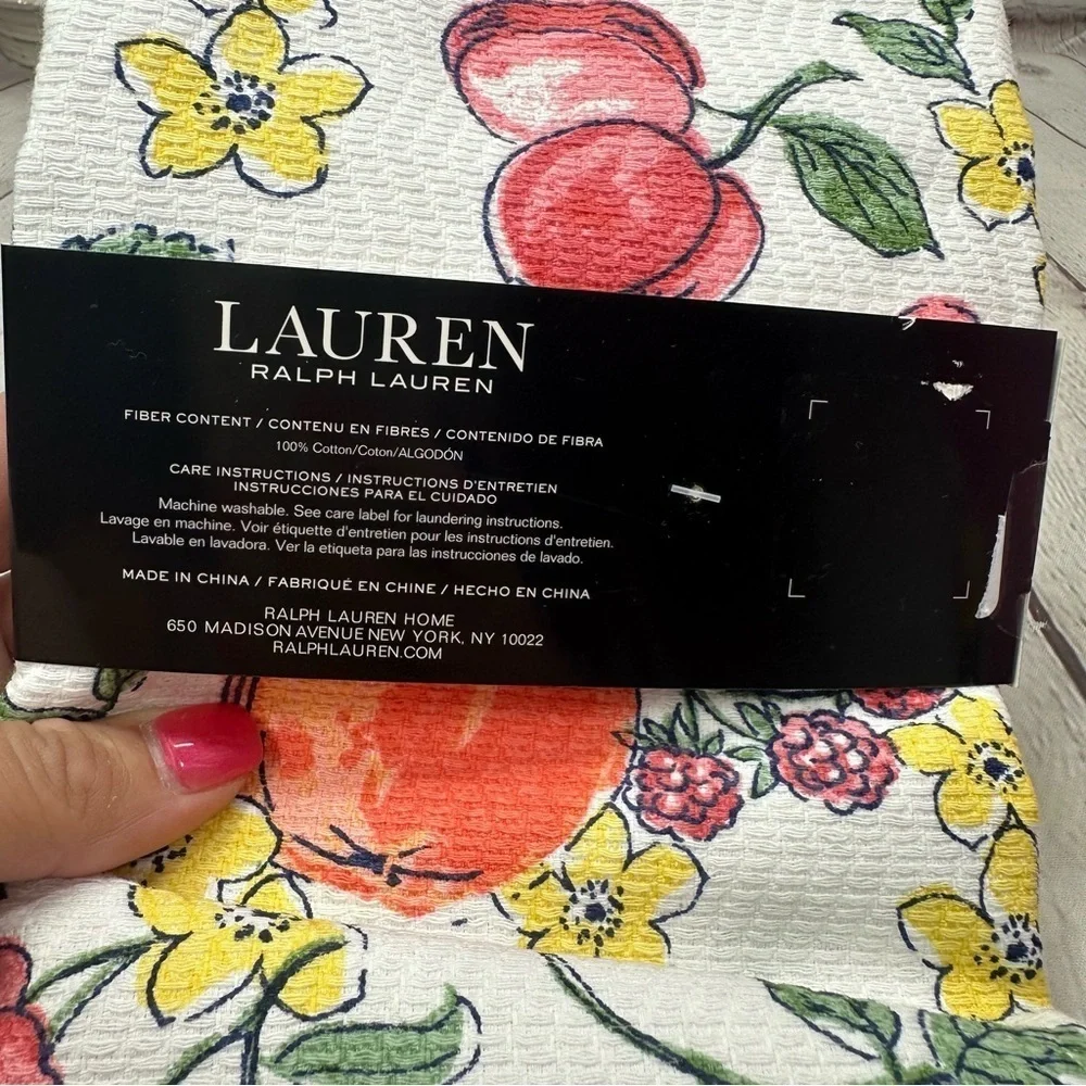 NWT lauren Ralph Lauren Vibrant peach cherry Floral blossoms Kitchen Towels 2pc